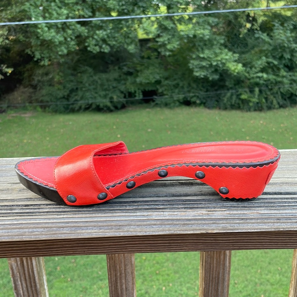 Yves St. Laurent orange red studded slides wedge sandals